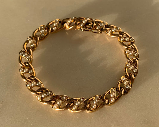 Antique 9ct Gold Victorian Curb Pearl Bracelet